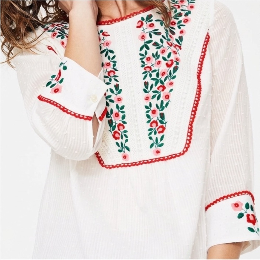 Boden White Tunic with Red and Green Floral Embroidery
